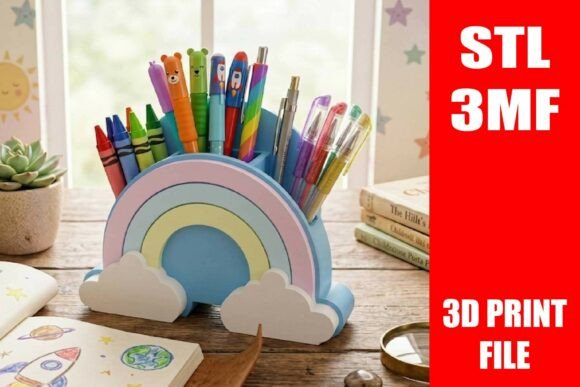 Rainbow Clouds Desk Pen Holder STL 3d: A Modern Design Asset